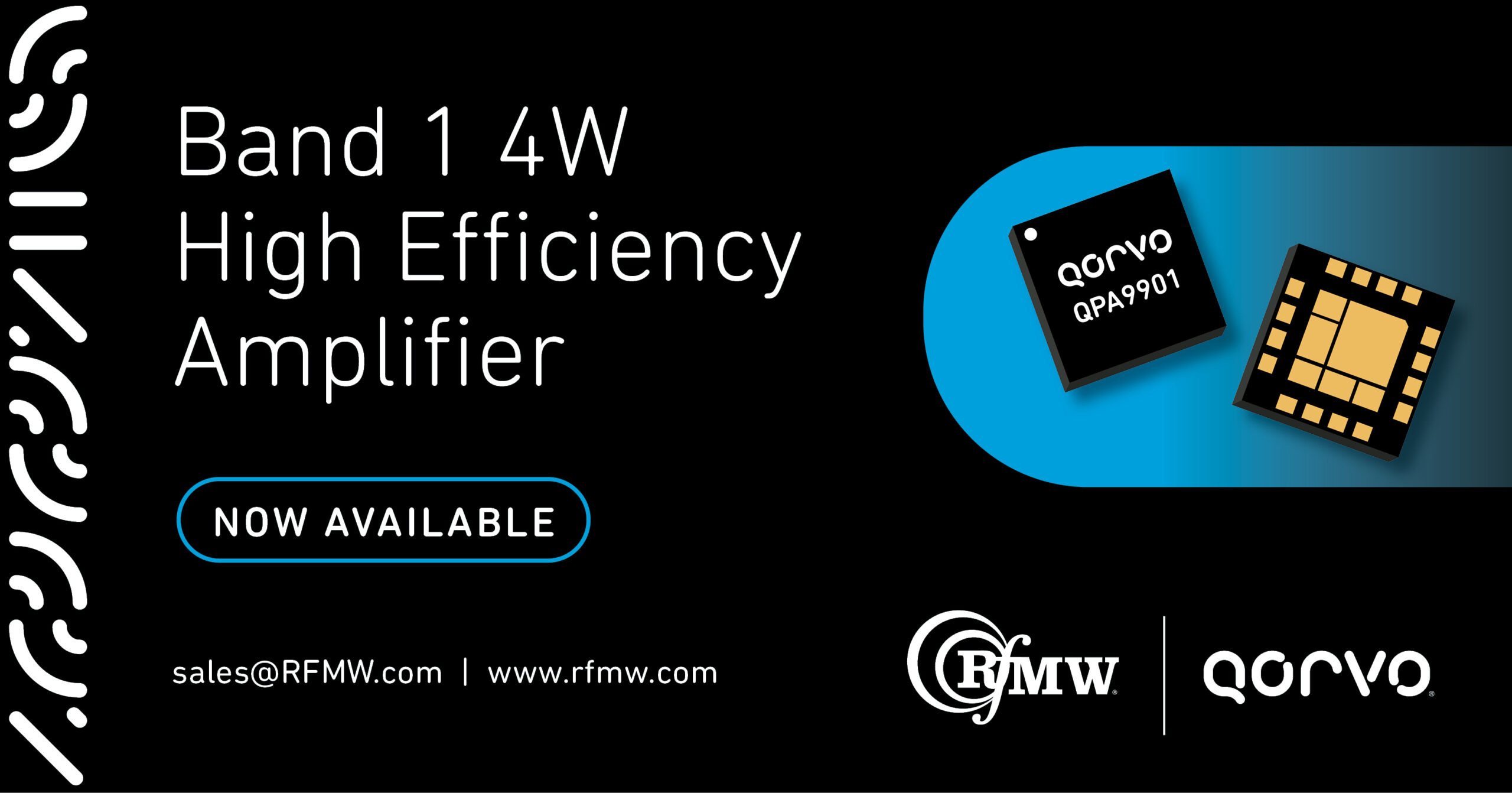The QPA9901 is a high-efficiency, linearizable power amplifier targeting Band 66 along with Band 1 small-cell wireless infrastructure systems from 2110 to 2170 MHz