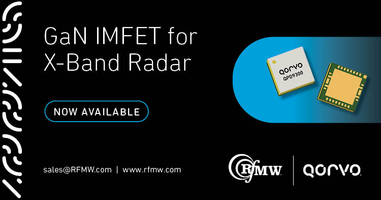 The Qorvo QPD9300 discrete GaN on SiC HEMT IMFET provides 34 Watts of pulsed RF power from 9.2 to 9.7 GHz 