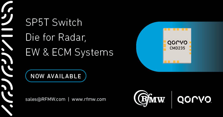 The Qorvo CMD235 is a broadband MMIC SP5T switch in die form covering DC to 18 GHz