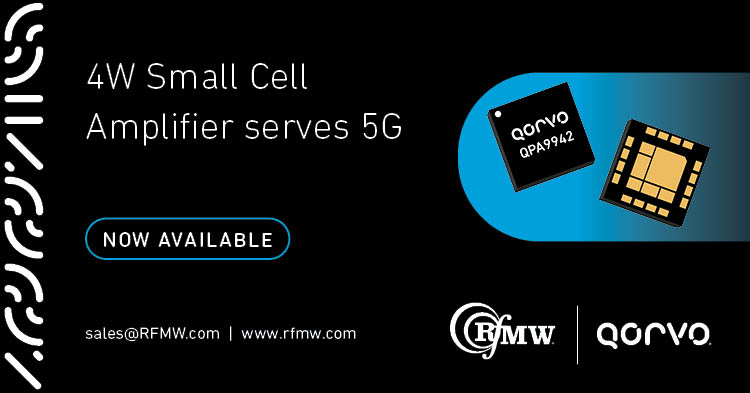 The Qorvo QPA9942 power amplifier supports small cells operating in the 3300 to 3800 MHz frequency range with up to 35.5 dBm P3dB and 31 dB of gain