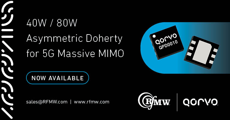 Qorvo’s QPD0010 asymmetric, dual-path, discrete GaN on SiC HEMT delivers 40W / 80W from 2.5 to 2.7 GHz