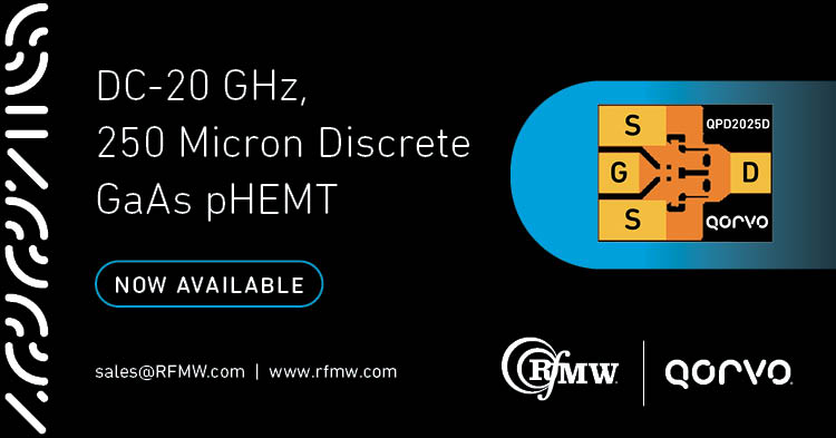 The Qorvo QPD2025D typically provides 24 dBm of output power with gain of 14 dB and 58% power-added efficiency at 1 dB compression 