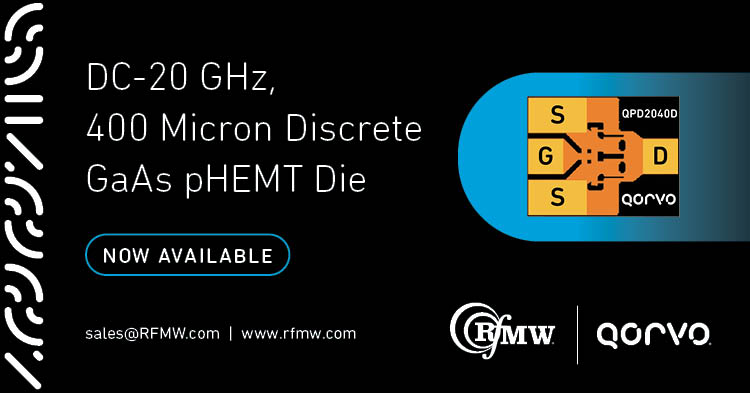 The Qorvo QPD2040D typically provides 26 dBm of output power with gain of 13 dB and 55% power-added efficiency at 1 dB compression
