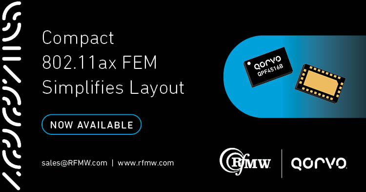 The Qorvo QPF4516B 5 GHz Front-End Module features +27 dBm MCS0 for 802.11ax wireless access points.
