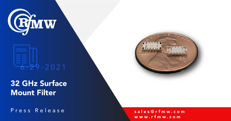 The Cubic Nuvotronics PSF32B04S, surface mount, mmWave, interdigital filter has a pass band of 30.0 to 34.0 GHz 