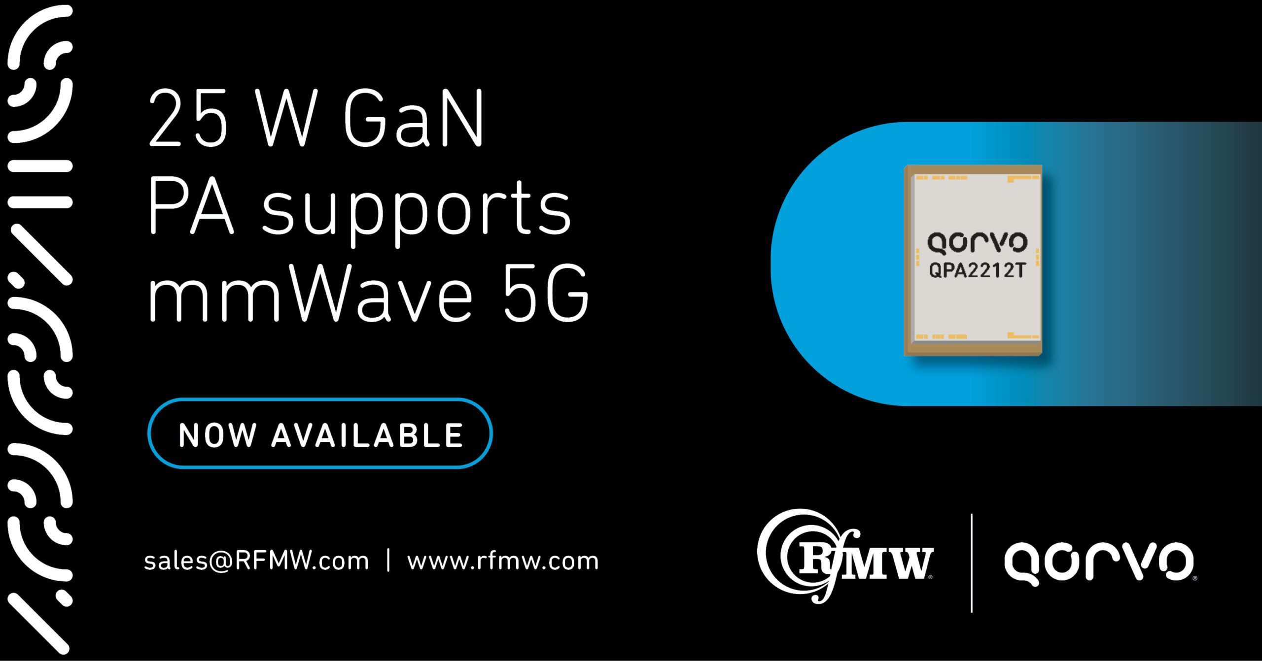 the QPA2212T operates from 27.5 to 31 GHz with 22 dB small signal gain and 10 Watts of linear power 