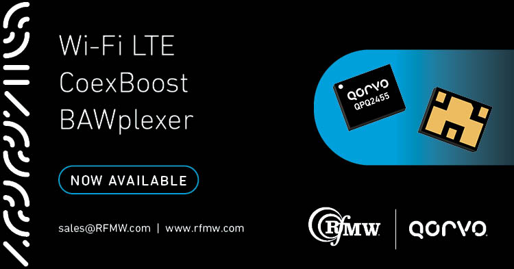 The Qorvo QPQ2455, BAWplexer enables single antenna implementation combining both 2.4 GHz and 5-7 GHz Wi-Fi applications