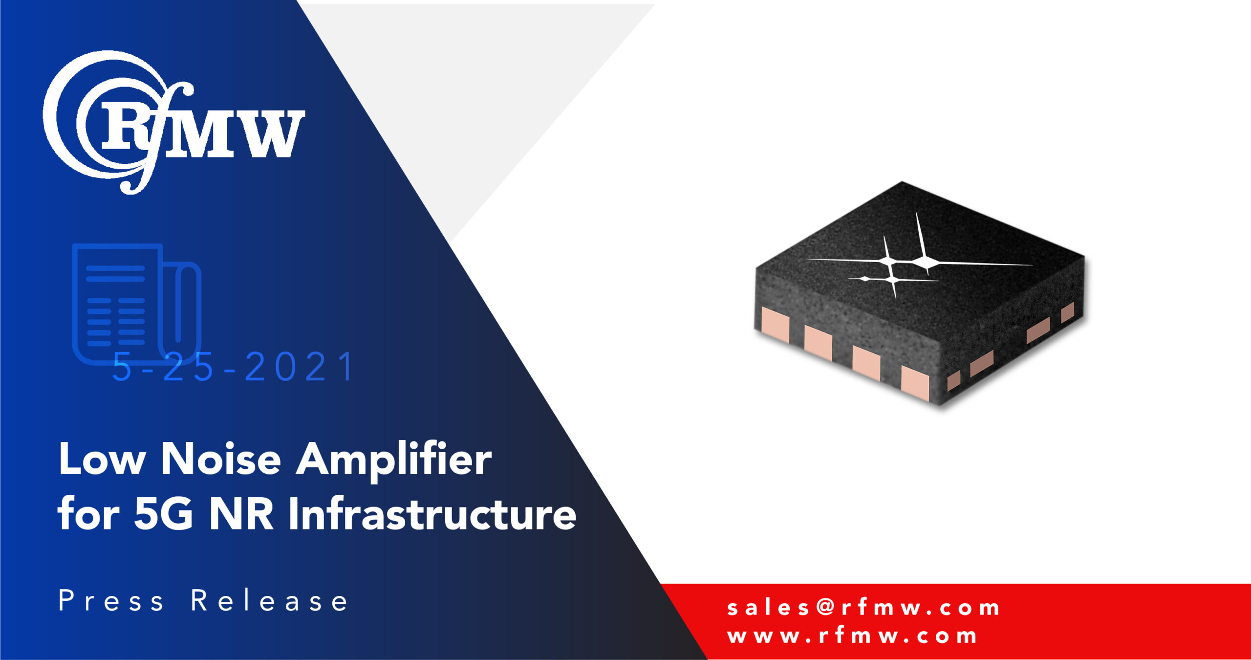 The Skyworks Solutions SKY67181-396LF LNA features 22.5 dB of gain and ultra low-noise performance of 0.5 dB in key 5G frequency bands from 2.3 to 5.0 GHz