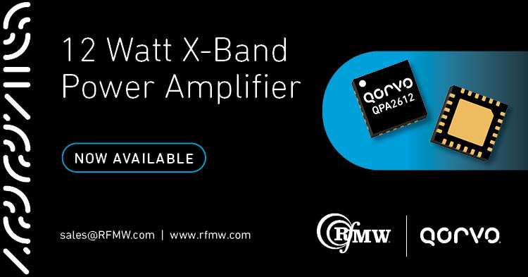 Qorvo’s 8 to 12 GHz QPA2612 delivers > 12 W Psat and 23 dB of large-signal gain 